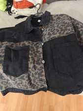 Jeansjacke Damen, Vintage Jacke mit Leo. Schwarz, 44-48 OVERSIZE