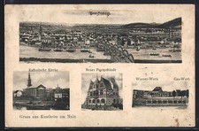 AK Kostheim am Main, Wasser- u. Gaswerk, Totalansicht mit Mainbrücke, Postgebäu 