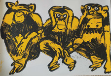 DDR Dokumenten-Papier Siebdruck "Drei Affen", limitiert, signiert von WD Pfennig