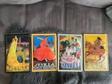 4x historische vintage Blechschilder, Sevilla-/Spanischoptik, gewölbtes Blech