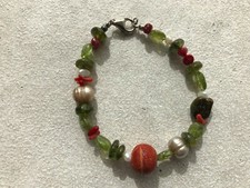 Armband Koralle Peridot Süsswasserperlen weiss+beige grüner Türkis Silber 925 