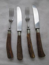 Besteck alt - 2 Set - 2x Messer und Gabel - Hirschhorn Griffe - Eichenlaub