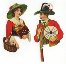 Trachtenpaar Lebkuchen Oblaten Glanzbilder um 1920  L&B 16cm hoch Prägedruck