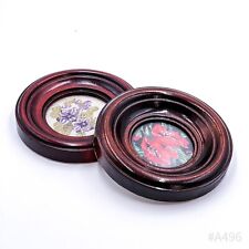 2er Set Vintage Gobelin Stickbilder Blumen-Motiv mit Bilderrahmen aus Holz, rund
