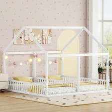 Hausbett für 2 Kinder, Doppel Einzelbetten Kinderbett mit Rausfallschutz Weiß