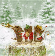 3 Servietten ~ Weihnachten, Drei Mäuse spielen Musik auf einem Baumstumpf ~33x33