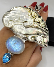 Großer XL Anhänger aus  925 Silber mit Perlmutt,Mondstein & Blautopas Handarbeit