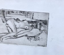 Karl Adser 1912-1995 Radierung Liegender weiblicher Akt im Wald Dänemark