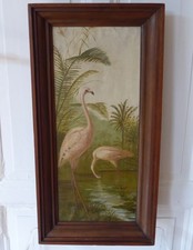 Antikes Öl Gemälde Flamingos signiert Original Holz Rahmen Kunst Bild Vintage