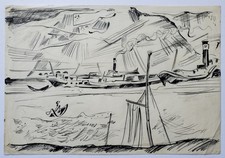 Zeichnung Federzeichnung Landschaft Meer Schiffe Edvard Frank Nachlass