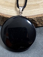 Spiegel Obsidian (schwarz) mit Silberöse und Schnur, Anhänger 4cm