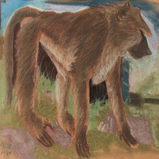 Affe Pavian Tierdarstellung monogrammiert Pastell Zeichnung 1930 Farbkreide