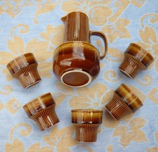 DDR Keramik Saft Service 6 Teile, Colditz Krug 1,5l und 5 Becher braun