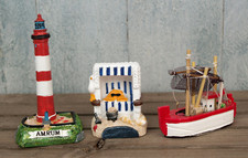 3-tlg. maritimes Deko-Set Leuchtturm Amrum - Strandkorb - kl. Fischkutter