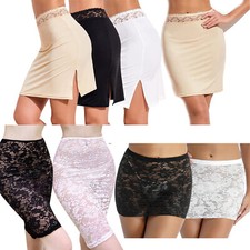 Damen Basic Unterrock Kurz Knielang Halbrock Spitzen Bund Minirock Underskirt 