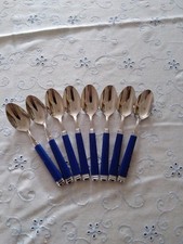 Guy Degrenne France 8 Kaffeelöffel Edelstahl Hochglanz m. blauem Kunststoffgriff