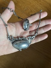 Silber 925 Schmuck Set mit Mabe Perle Halskette & Ring Brutalist Design RG 52