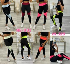 Damen Leggings Reißverschluss Neon Farben Lang Leggins Sport Yoga Fitness HL