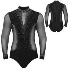 DE Herren Tanzbody Langarm Glitzer Strass Mesh Latein Tanz Hemd-Body Leotard
