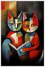 Wallario Premium Poster Plakat Malerisches Katzenduo Picasso Buchliebhaber