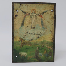 Ex Voto Votivbild Landschaft mit Bauer und Tiere "Maria hilf" Malerei Eisenblech