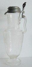 Große alte Schenkkanne Glaskrug Zinndeckel Gravur floral 1899 40cm