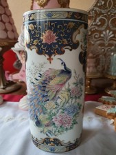 Vase Pfau Blumen Vintage Asiatisch Japanisch Gold Dekor Blau Pastell