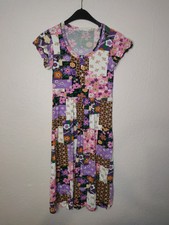 Sommerkleid Patchwork Design Blumen Muster Rundhals Knöpfe Bunt Rosa Puff Ärmel 