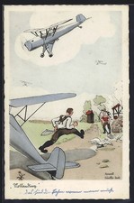 Künstler-AK Notlandung, Pilot verlässt sein Flugzeug um aufs Plumpsklo zu gehen 