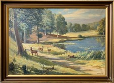 Ölbild Impressionist Hirsch und Hirschkühe am Seeufer sign. Jagd Bilderrahmen 