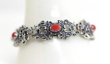 Vintage Silberarmband 800er + Korallen Cabochon Ornament Verzierung, L: 19,5-20c