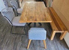 Sitz Gruppe, Tisch, Bank und 3 Stühle, Holz, Metall, grau, braun 