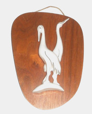 SCHOWA WAND-BILD HOLZ PORZELLAN VOGEL STORCH REIHER VÖGEL 20 x 14 VINTAGE DEKO