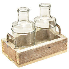 Mini Vasen Glas Vintage Set Deko Tablett Holz 16x10x14cm