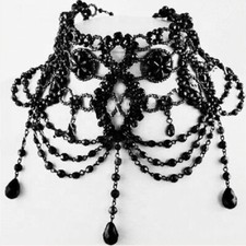 SET Gothic Collier und Ohrringe Choker Perlen Kette Tracht Halskette Schwarz NEU
