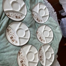 6 Fondue Teller Retro Weiß Braun Mit Blüten Silvester Weihnachten Raclette Gebra