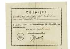 Besitzzeugnis zum Verdienstkreuz für Kriegshilfe, 1919 - ausgehändigt 1920