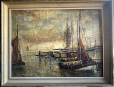 ::SIGNIERTES ÖLGEMÄLDE HAFEN UND SCHIFFE SEGELBOOT AM HAFEN DÄMMERUNG