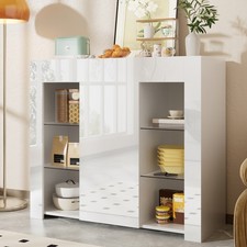 Sideboard Anrichte Kommode Highboard mit Glas Regale & Hochglanz Front, Weiß