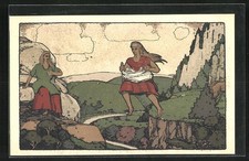 Steindruck-AK Harzgerode / Harz, Die Sage vom Mägdesprung 