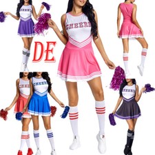 DE Damen Cheerleading Uniform Kleid mit Pompoms Socken Karneval Party Halloween