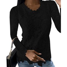 Damen Spitze Langarm T-Shirt Elegant Sommer Bluse Hemd Freizeit Tunika Obertei☆