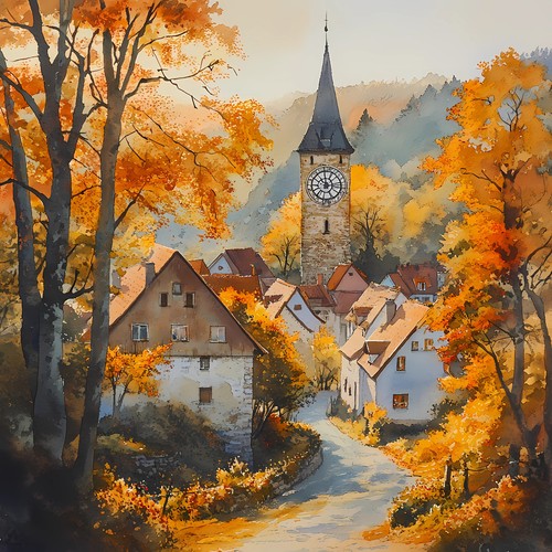 Wandbild dorf kirche herbst - kirche,