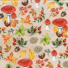 3 Servietten ~ Herbst, Pilze, Blätter, Fliegenpilz, Beeren, Collage ~ 33x33