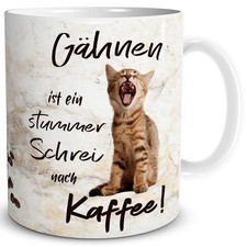 Tasse Katze Spruch Kaffee Gähnen Becher Cat Motiv Geschenk lustig Cup Arbeit