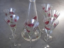 Likör-Set, Karaffe und 6 Gläser, geschliffen mit Emaillebemalung