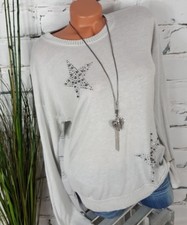 NEU ITALY FRÜHJAHR FEINSTRICK PULLI ★ STARS ★ STRASS & PERLEN HELLGRAU 36-40