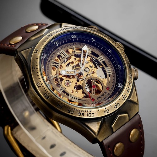 Leder mechanische uhr männer - leder,
