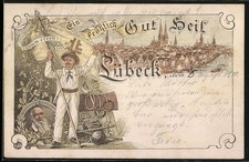 Lithographie Lübeck, Teilansicht, Turner mit Fahne, Portrait von Turnvater Jahn 