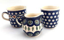 Bunzlauer Keramik 3 Teile Kaffeetasse Becher Milchkännchen verschiedene Designs